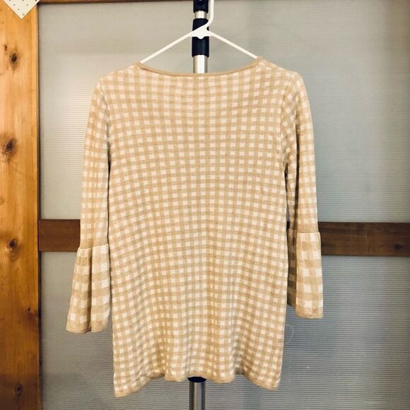 Sz M Calvin Klein Gingham 3/4 Bell Flare Sleeve Crewneck Sweater Tan White Women - Picture 4 of 7